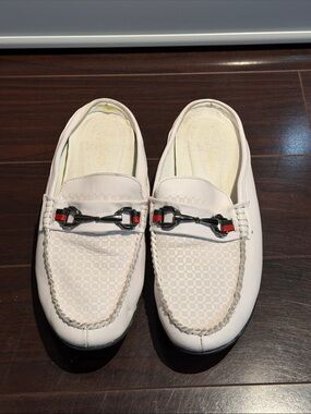 Men's White Slip-On Driving Loafers with Metal Bit Detail